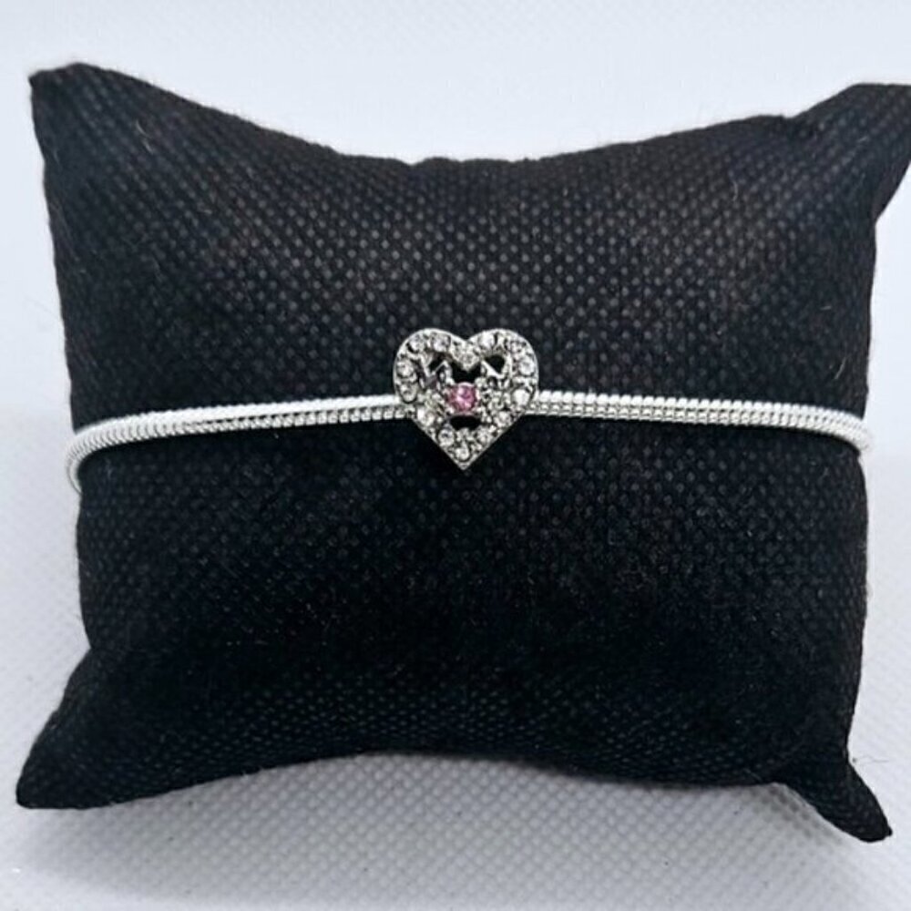 Sterling Silver 925 MOM Heart Charm Bracelet Pink Crystal NWT
